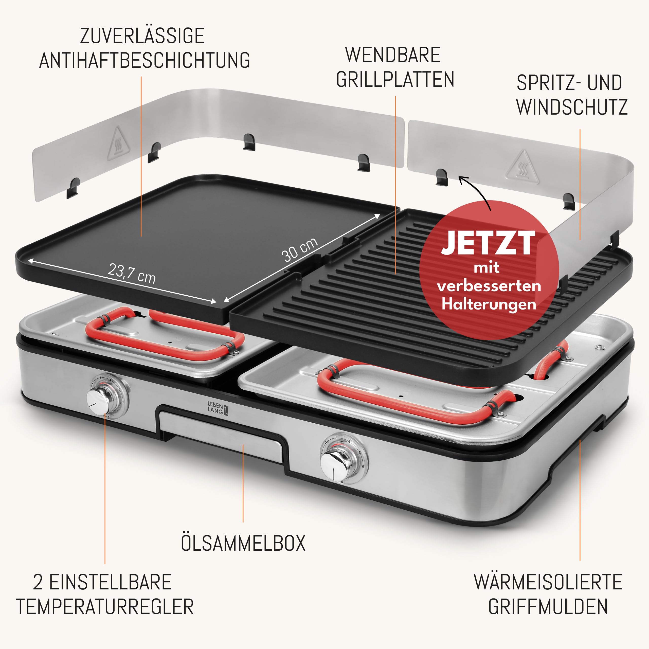LEBENLANG Elektrogrill Tischgrill 2400W Elektrischer Plattengrill für Balkon