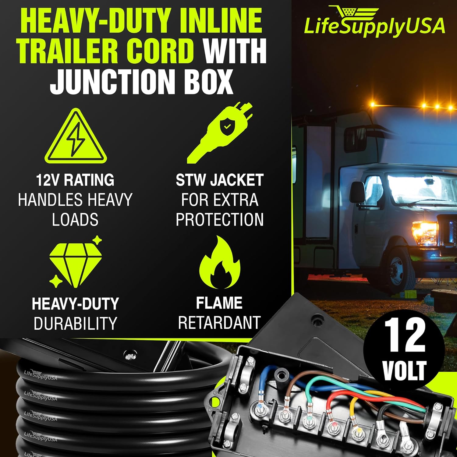 LifeSupplyUSA 7 Way Trailer Plug Heavy Duty Inline Trailer Cord (8ft + Junction Box)