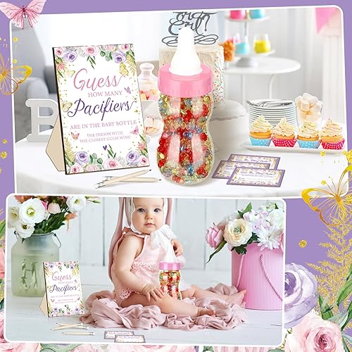 Miniatura 6 de Syhood Butterfly Baby Shower Games Guess How Many Chupetes Cartel de juego 50 pequeños juegos de adivinanzas, 20 lápices HB, botella de leche de