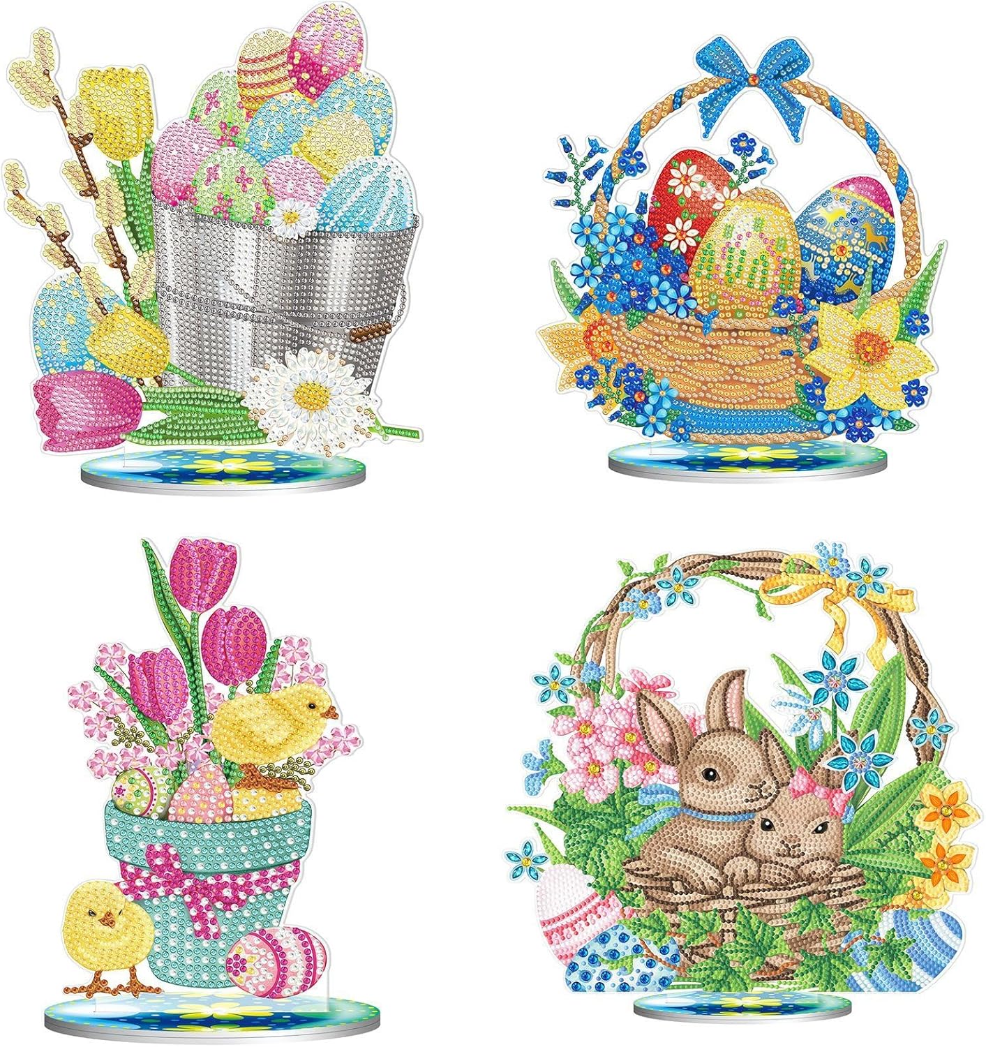 ARTopet 4Pcs DIY Diamond Easter Desktop Ornaments Diamond Art Full Round Drill Paint by Numbers Mosaic Kits Tabletop Ornaments Single Sided Diamond Bunny Egg Design Home Decor
