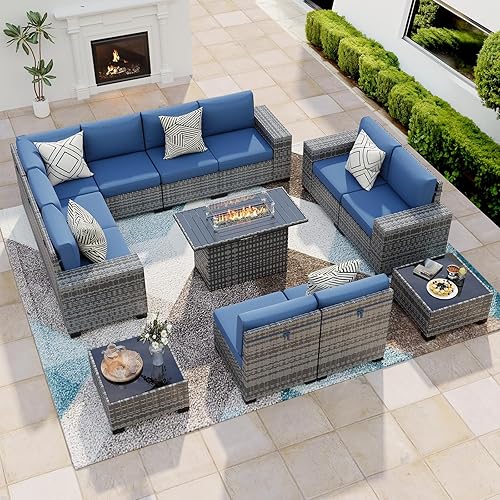 13 Piece Patio Furniture Set with Fire Pit Table, Outdoor