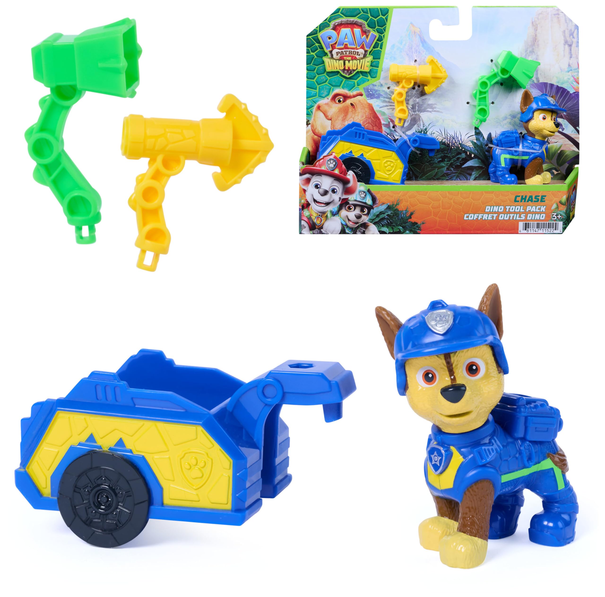 PAW Patrol: The Dino Movie, Chase Dino Tool Pack, 6,3 cm Action Figure with Attachable Rescue Trailer and 2 Interchangeable Tools, Nursery Toys for Boys and Girls Ages 3+