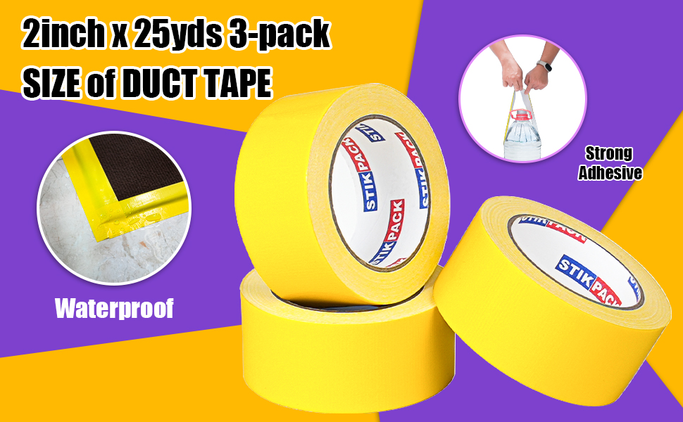 Image of 3 Rolls Yellow Duct Tape, Heavy Duty Strong Industrial Colored Duct Tape 9mil x 2inch x 25yds Flexible, No Residue, Waterproof and Tear by Hand, Multi-Use for Indoor & Outdoor Repairs