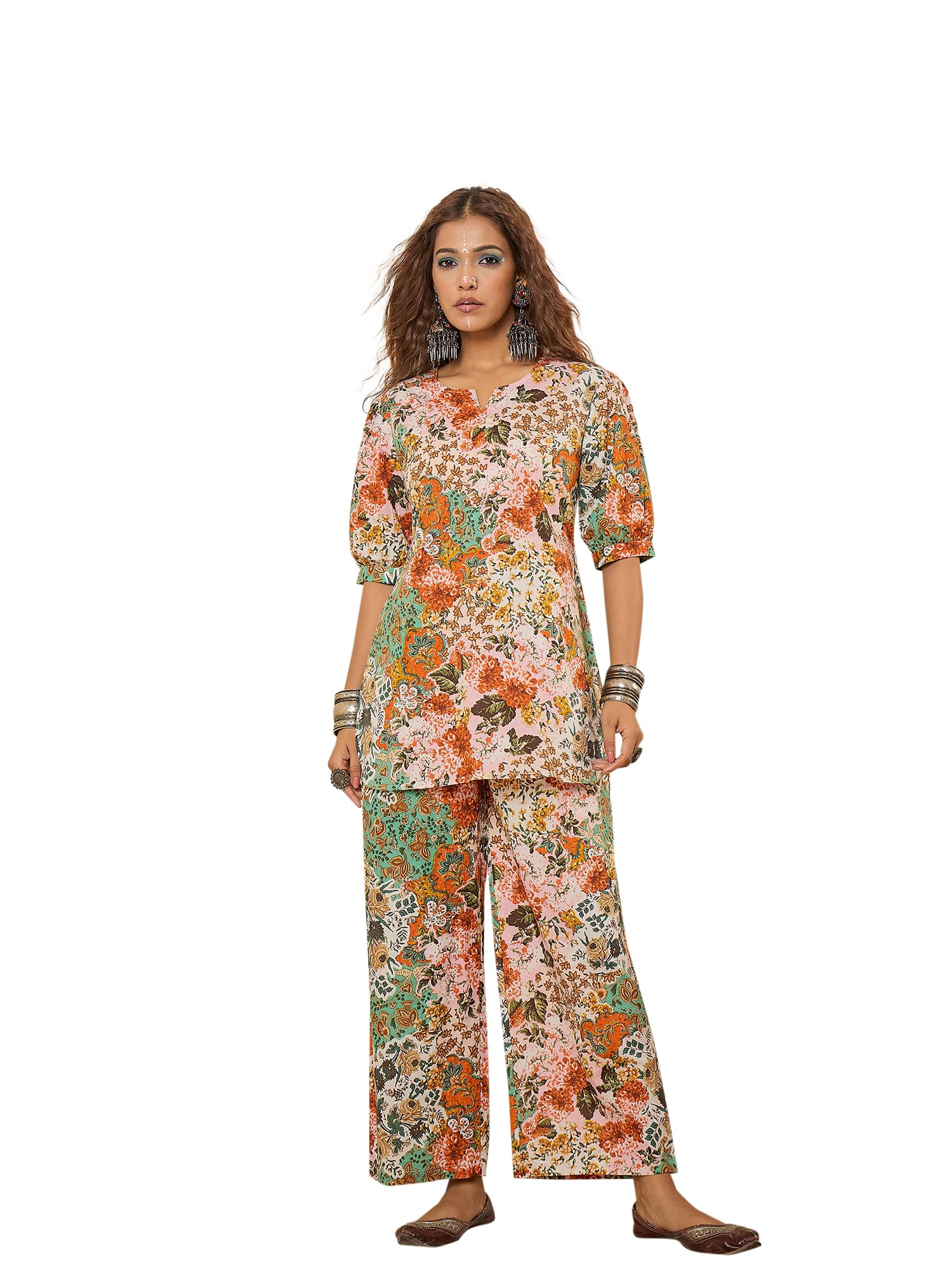 winered White Floral Print Puff Sleeve Tunic Cotton Co-ord Set-picture-34