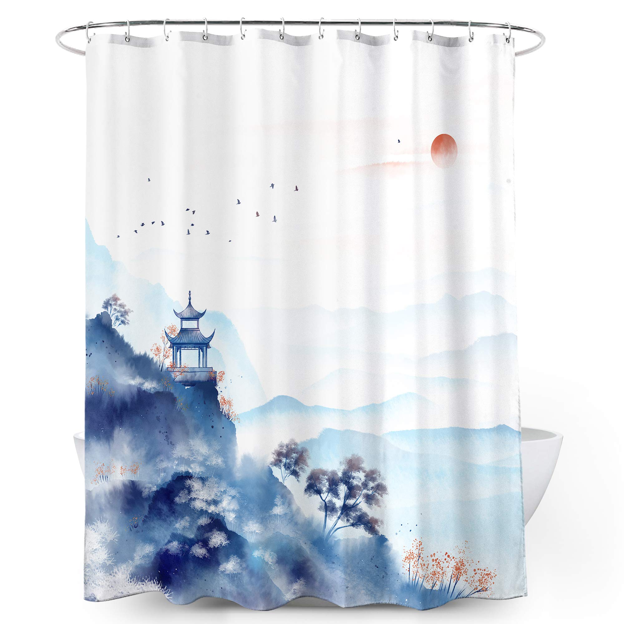 ELELINK Blue Mountains Shower Curtain 72x72 Inch Oriental Ink Painting Landscape Abstract Pine Trees Art for Bathroom Decoration Bath Curtain with Hooks