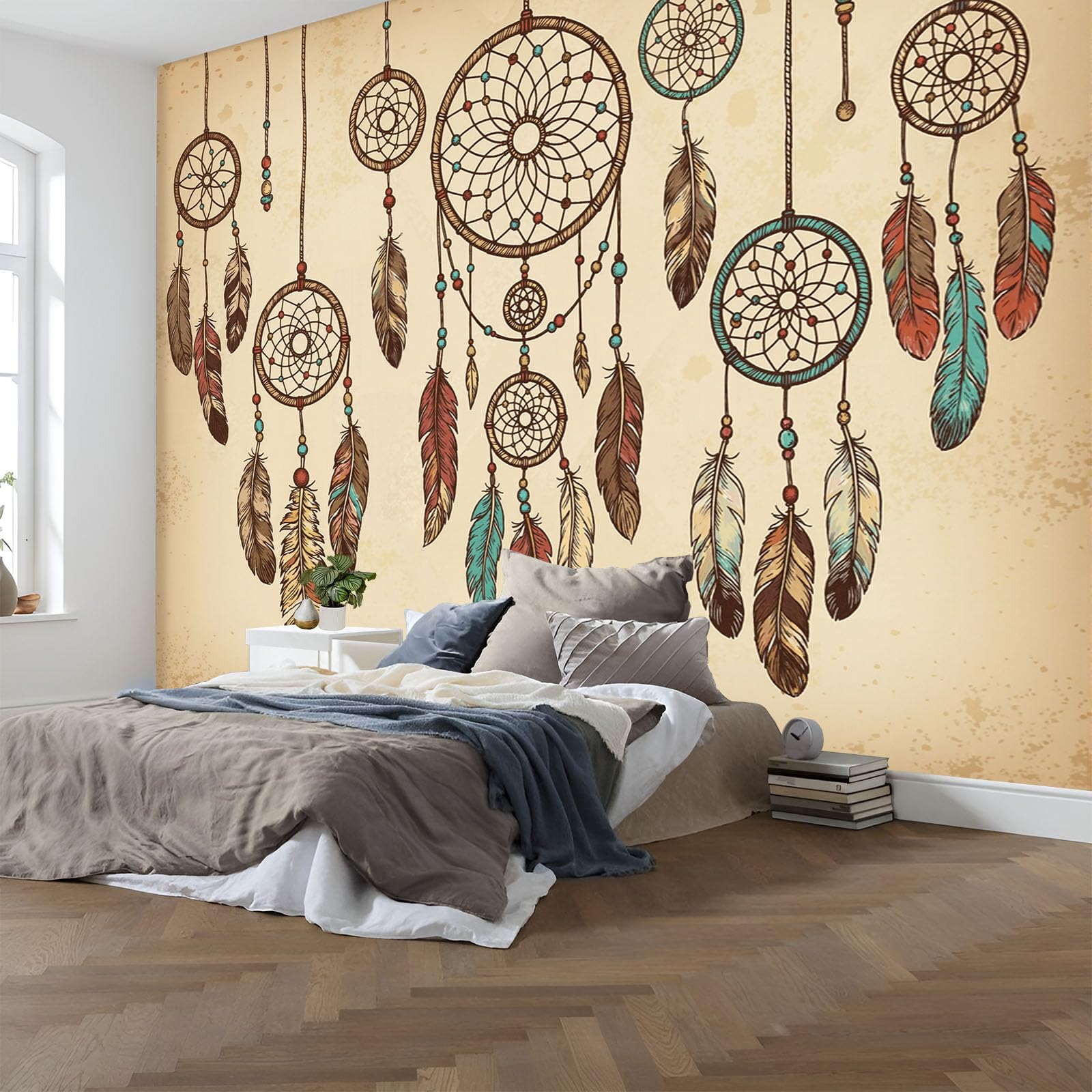 Traumfänger Federn Vlies Fototapete 250 x 175 cm - Retro Tribal Tapete Schlafzimmer Wohnzimmer, Braun Vliestapete Wanddeko Poster Kunst, Für TV Hintergrund Flur Büro wand Dekoration