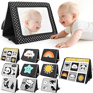 Zendstanding Baby Toy with Mirrors - 0-6 Months Foldable Contrast with Crinkle Book Baby Book Mirror Toy Baby Toy from 3 Months Newborn Learning Toy Gift (Grey)