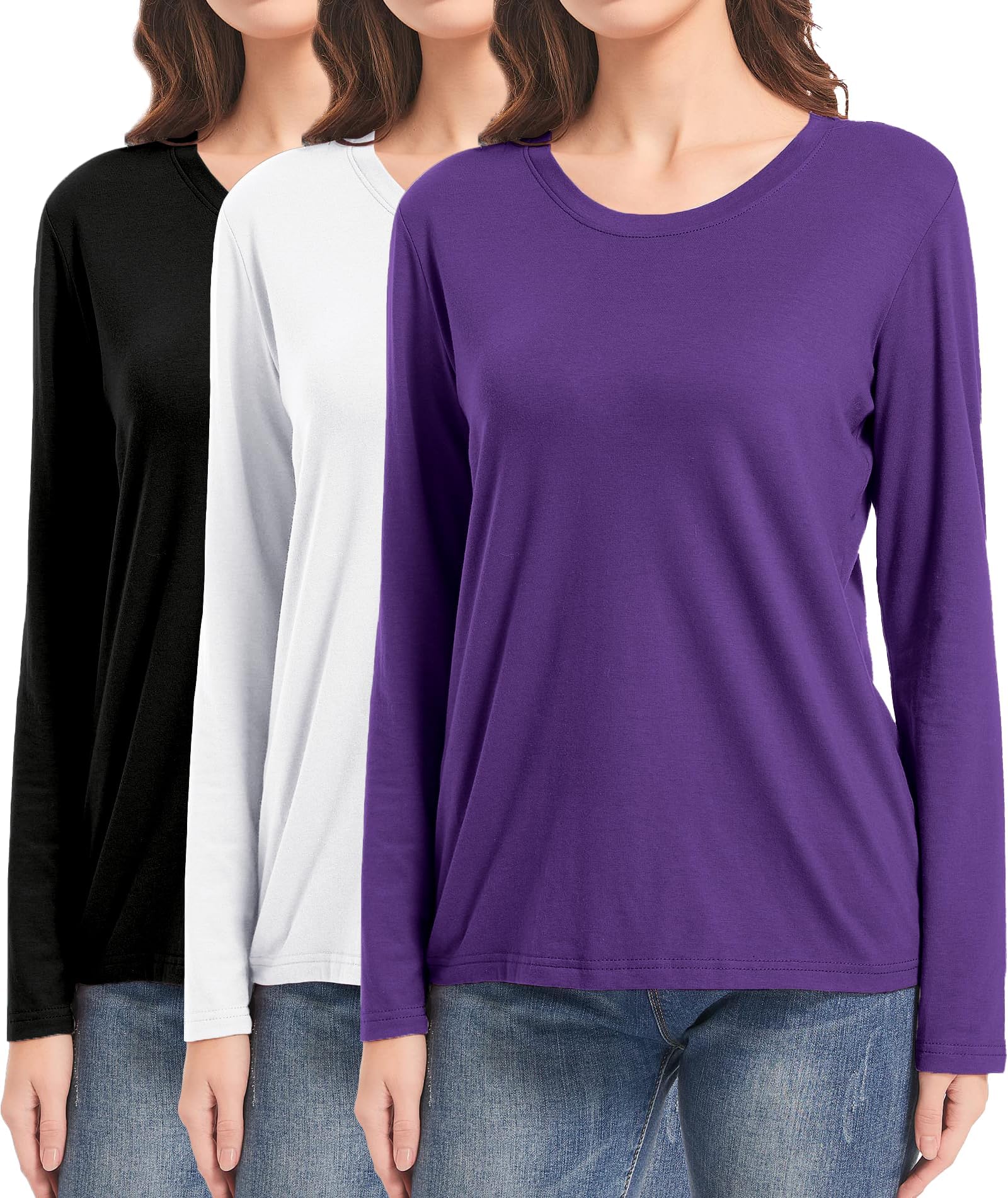 DMVOD 3er-Pack Baumwoll-T-Shirts mit Langen/kurzen Ärmeln, Workout-Oberteile für Damen, Basic-T-Shirt mit Rundhalsausschnitt