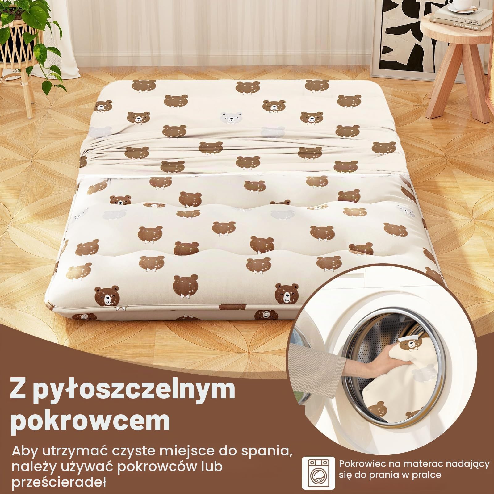 COSTWAY Japoński materac futon, mata tatami, materac podłogowy, składany materac z poszewką nadającą się do prania, składana mata do spania z torbą do noszenia, niedźwiedź brunatny, 140 x 200 cm