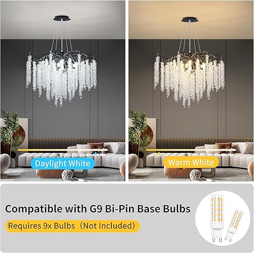 Miniatura 3 de Candelabro moderno de rama de árbol de cristal, 23.7 pulgadas de diámetro con forma de gota de lluvia redonda negra para interiores, lámpara