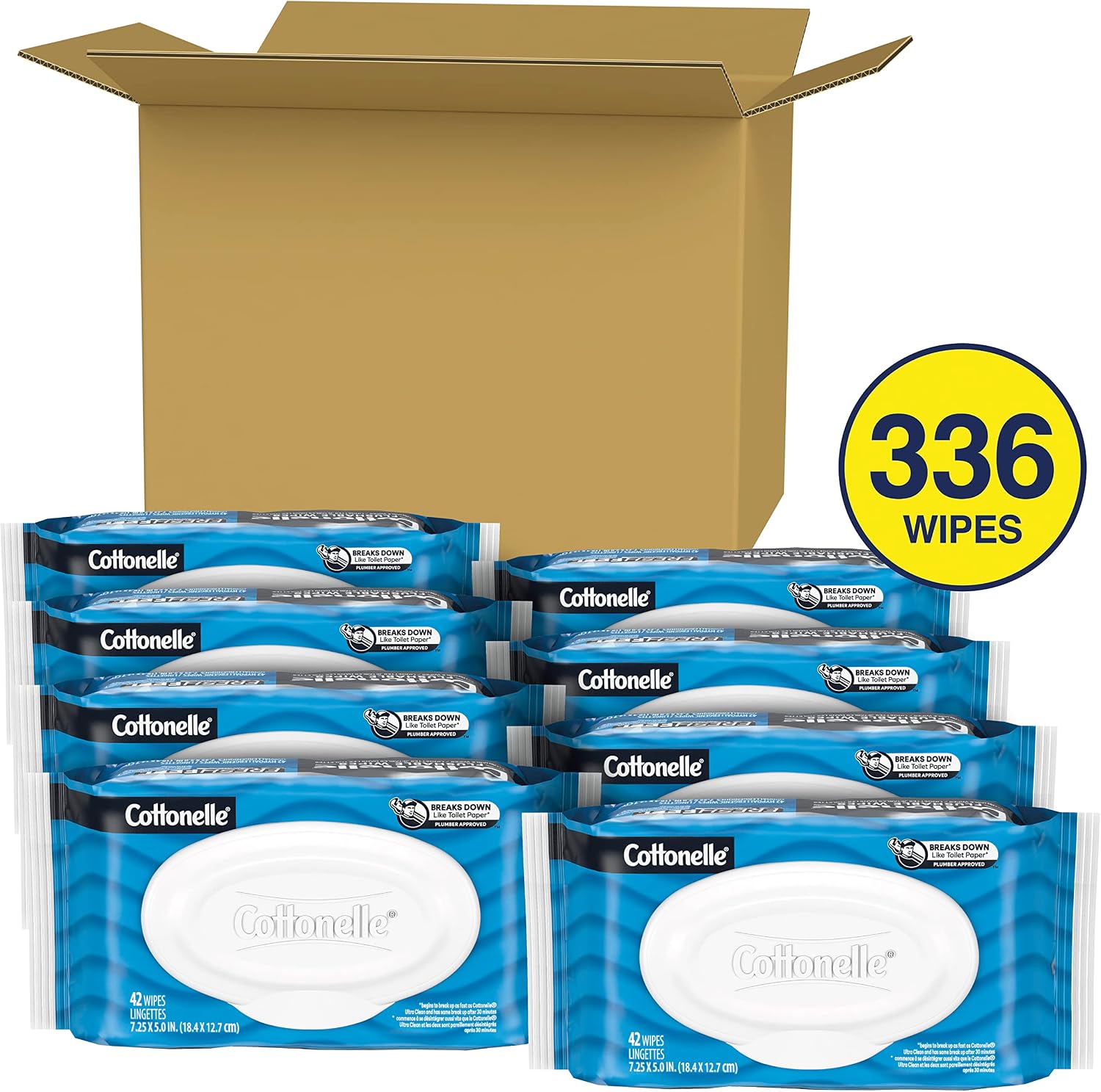 Bundle of Cottonelle Fresh Feel Flushable Wet Wipes, 8 Flip-Top Packs, 42 Wipes Per Pack + Cottonelle GentlePlus Flushable Wet Wipes with Aloe & Vitamin E, 8 Flip-Top Packs, 42 Wipes Per Pack