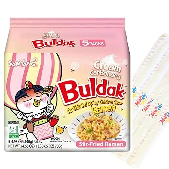 MunchMo - Buldak Ramen, Creamy Chicken Ramen Noodles, Creamy Carbonara Buldak Noodles Carbonara, Buldak Cream Carbonara Buldak, 5 Packs with Munchmo Chopsticks 5 Count