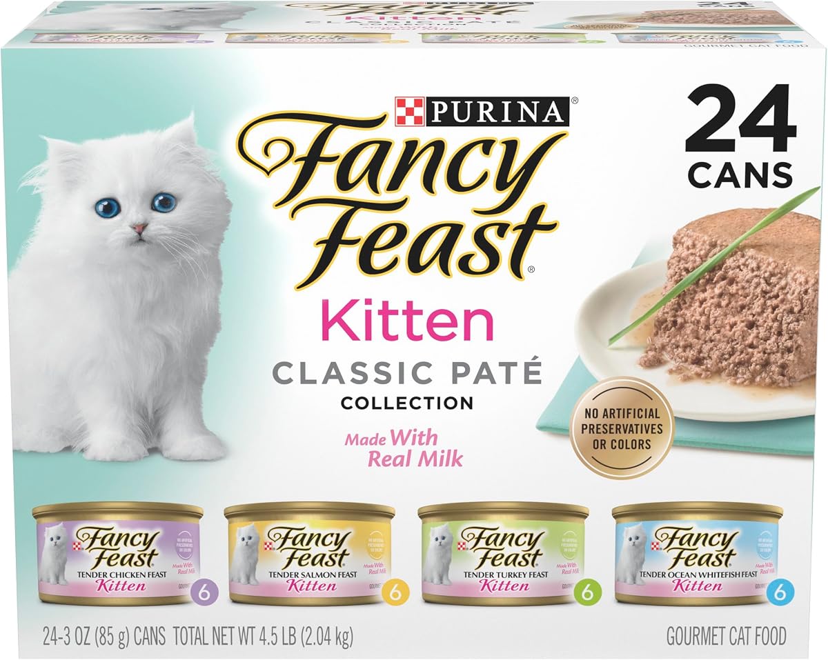 Purina Fancy Feast Paquete variado de alimentos húmedos para gatitos, latas de 3 oz, paquete de 24 | Recetas de pescado de mar, pavo, pollo o salmón sin colorantes ni conservantes artificiales. 100 por ciento completo y equilibrado.