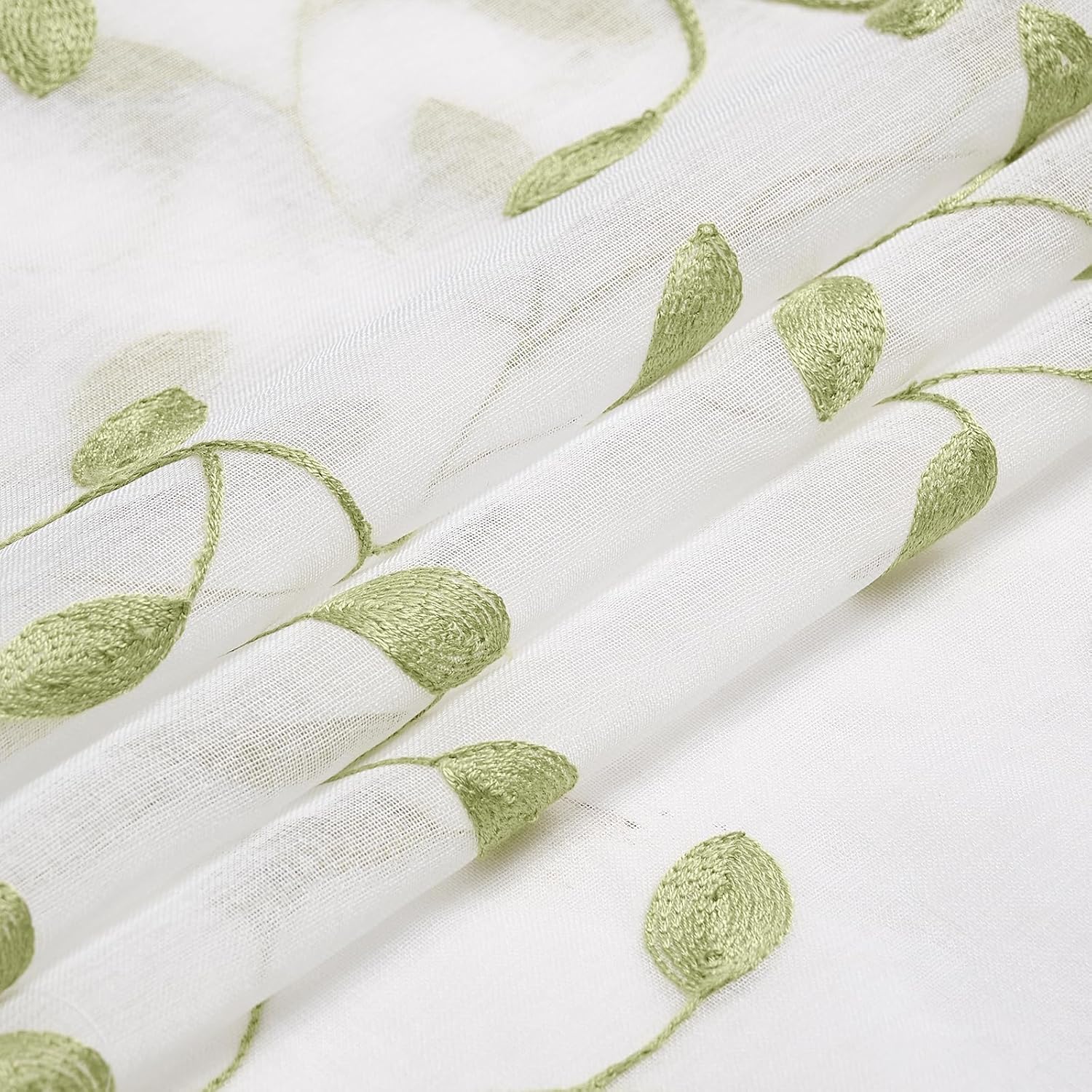 SEEKRIGHT Green Leaf Sheer Curtains 90 Inches Long 2 Panels for Bedroom Living Room Green Embroidered Sheer Curtains Light Filtering Rod Pocket Floral Voile Crushed Faux Linen Window Drapes, 50x90