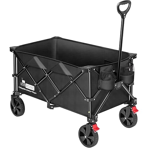 VIVOHOME Upgraded Heavy Duty 180 Lbs Collapsible Foldable Wagon Patio Garden Cart with Wheels and 2 Holders Outdoor Utility for Camping Picnic Black
