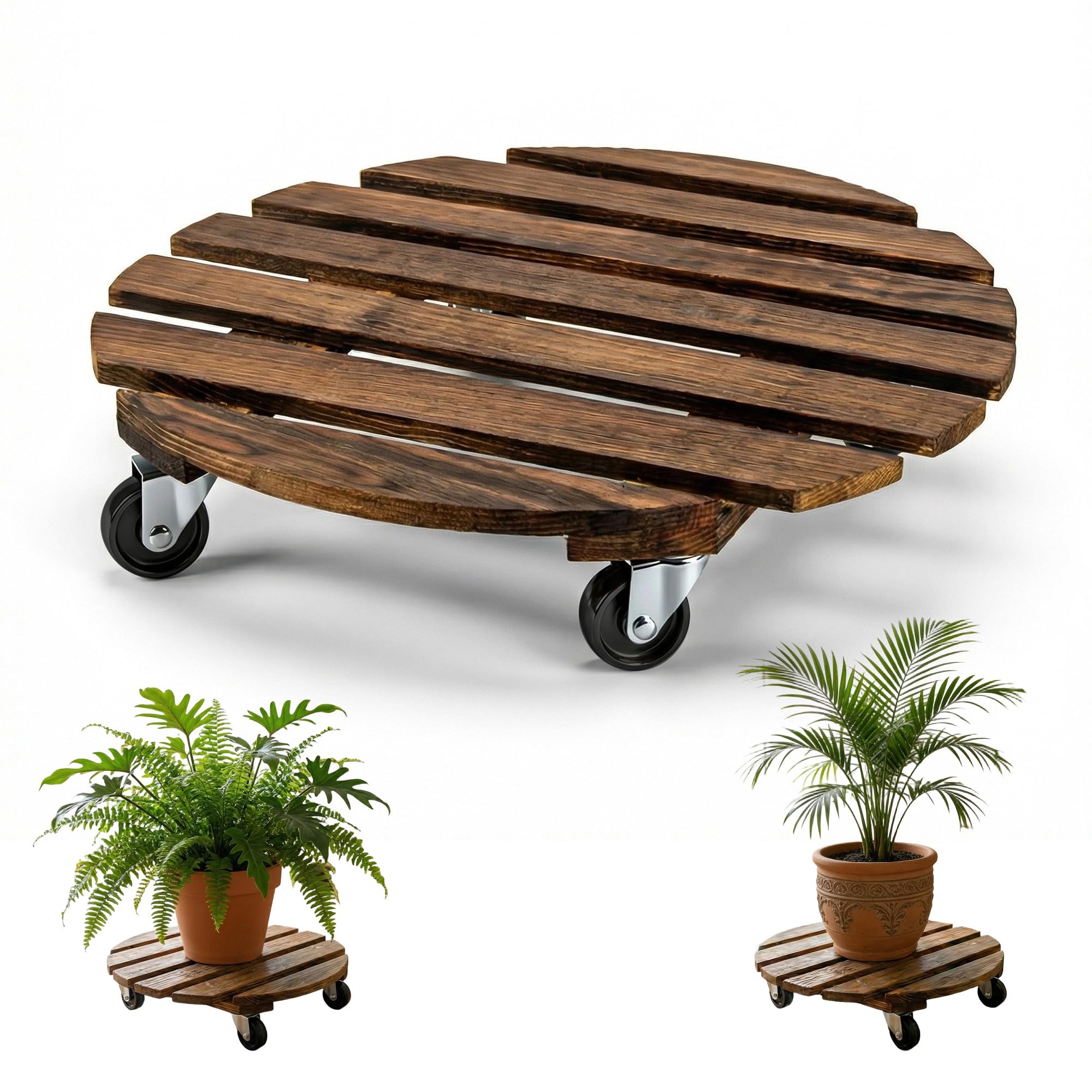 Bois Porte Plante à Roulettes Rondes Chariot Ø 30cm Capacité Charge 120 kg Roues 4 Blocages