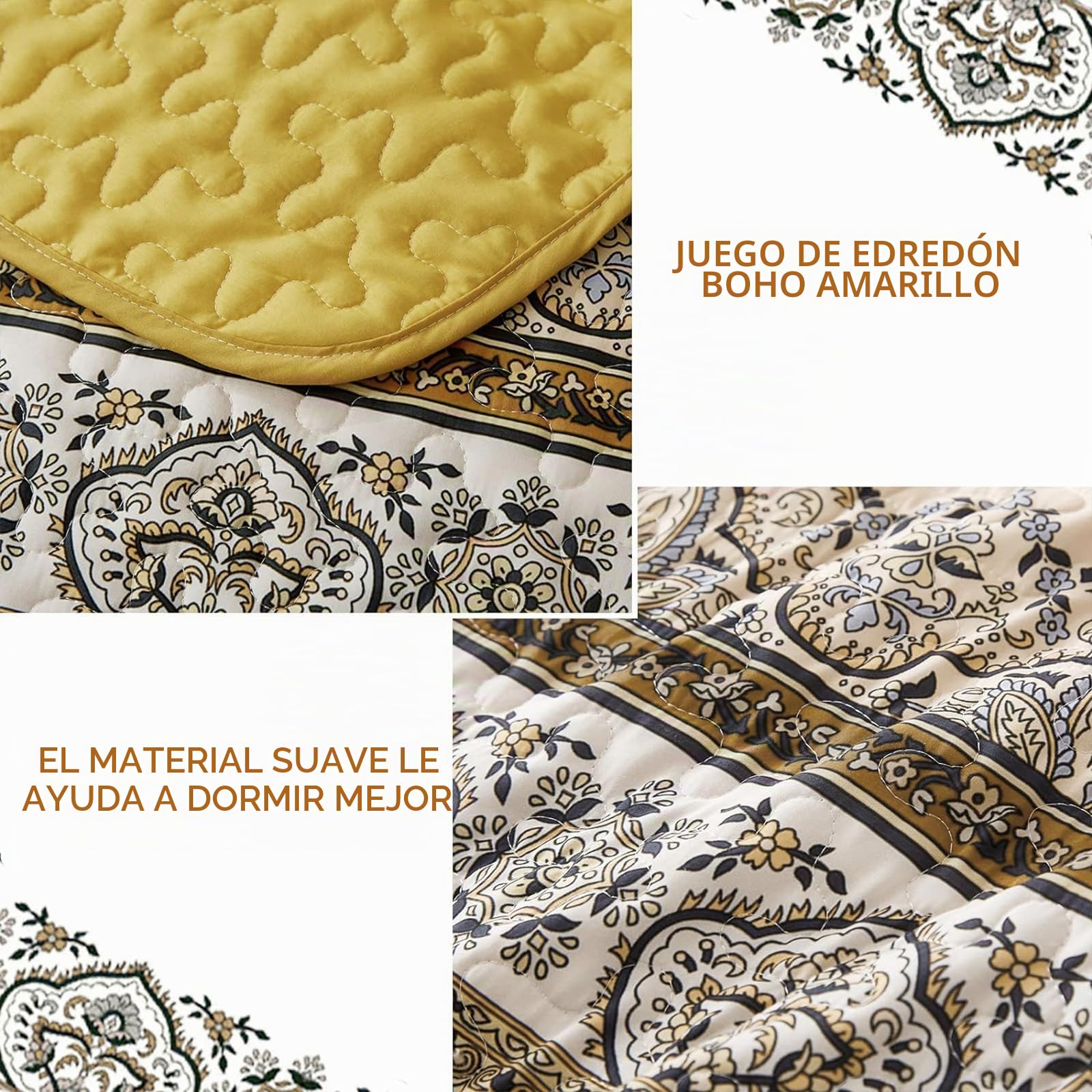 WONGS BEDDING Edredón Bohemio Amarillo y Naranja, tamaño King, Colcha Bohemia tamaño King, Colcha de Microfibra Ligera para decoración de Cama para Todas Las Estaciones, 103 x 90 Pulgadas (3 Piezas)