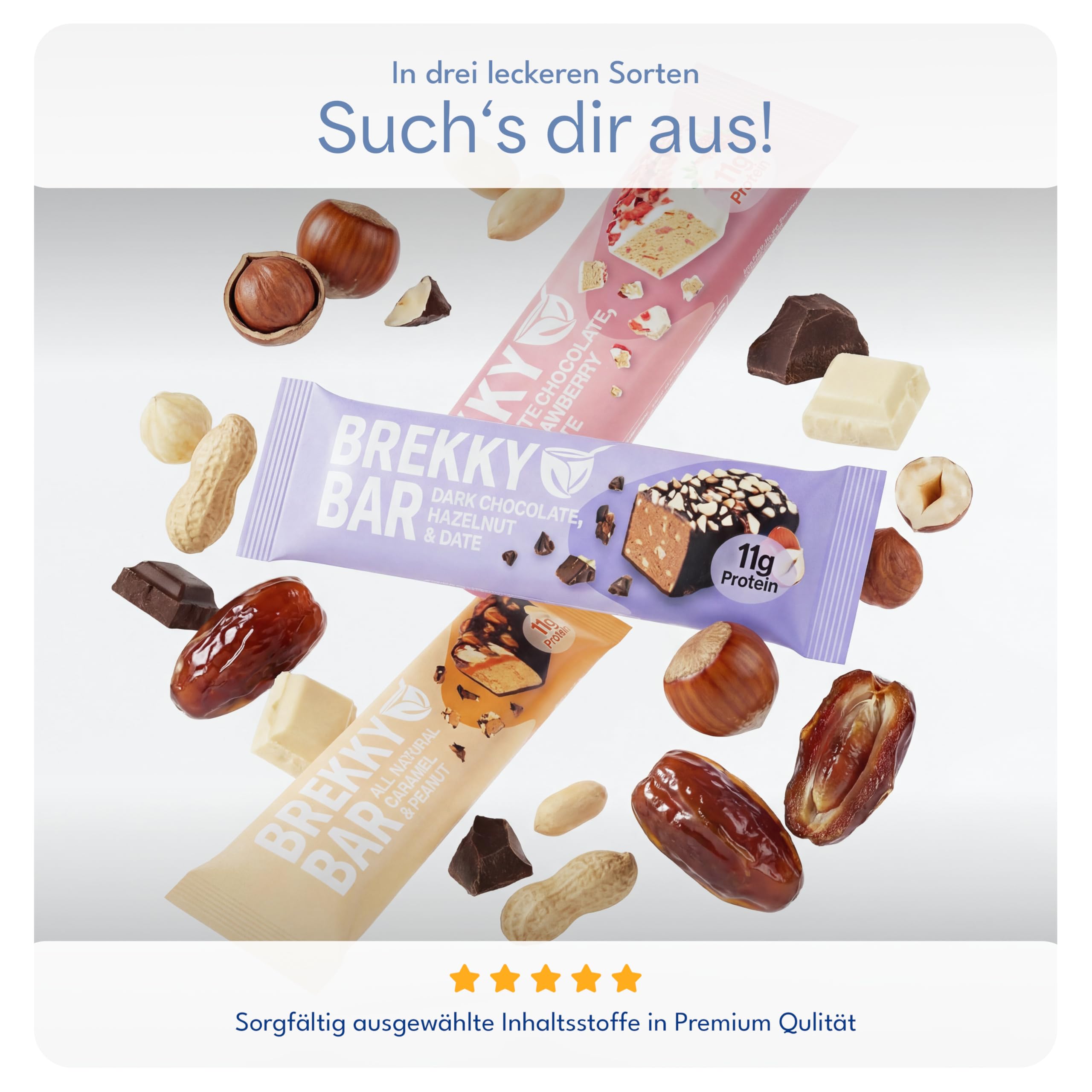Brekky Bar Erdbeer Proteinriegel Vegan – 11g pflanzliches Protein pro Riegel – ohne Zuckerzusatz, 100% vegan & natürlich – High Protein Riegel mit Datteln, Mandeln & Erdbeeren