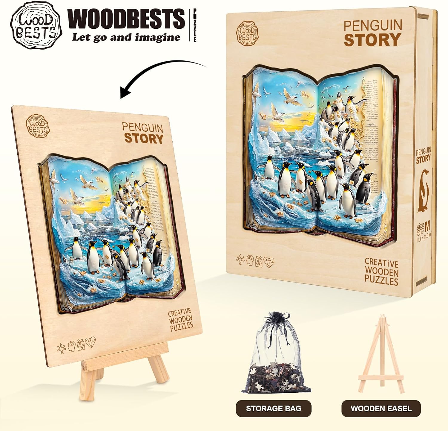 WOODBESTS Wooden Puzzles for Adults, Penguin Story Wood Puzzles Adult(200 Pieces, M, 11.4 * 11.3in), Unique Shape Wooden Animal Jigsaw Puzzles, Birthday Gifts for Adults Family Game