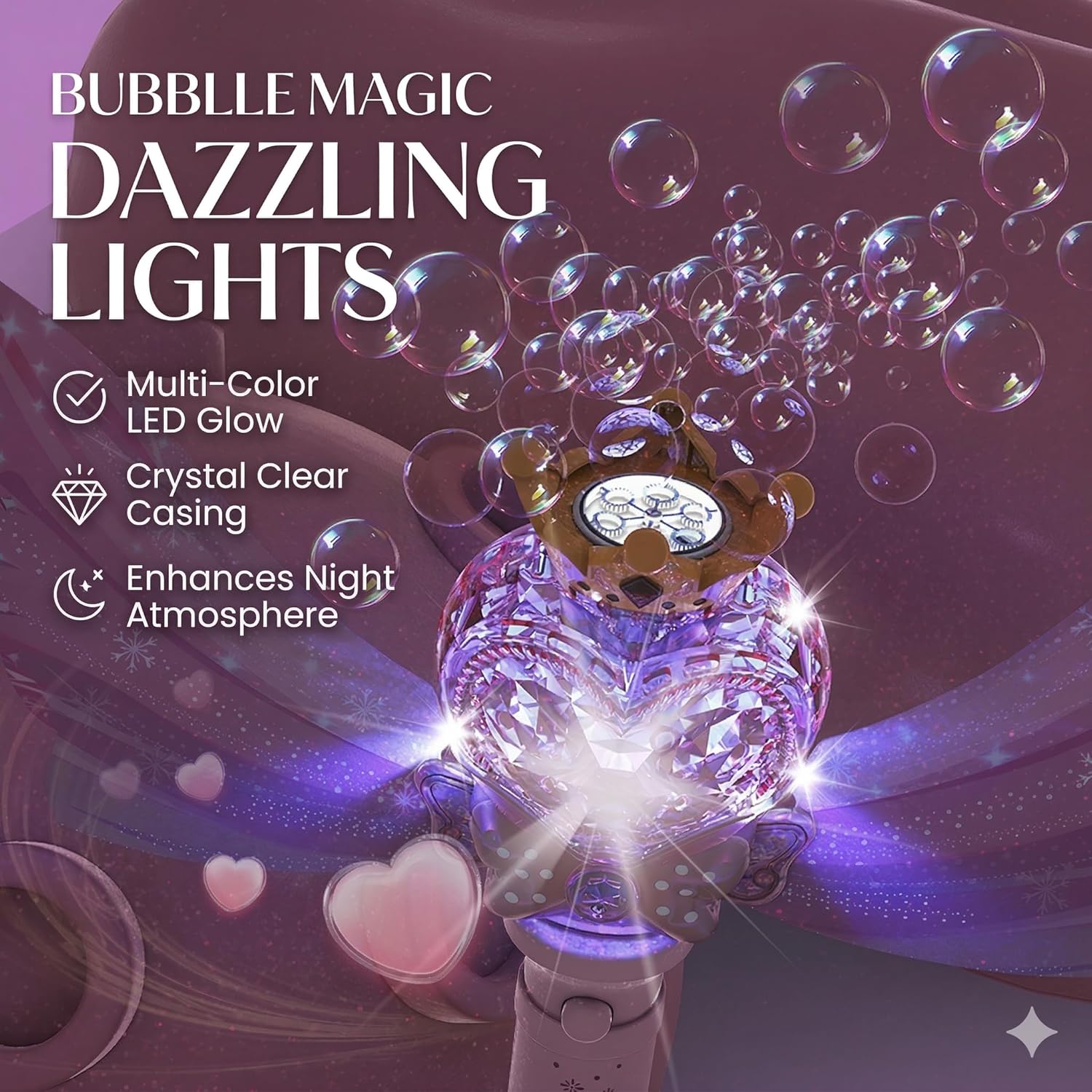 Princess Bubble Wand for Toddler Girls 3-10 - Light Up Magic Bubble Machine with Music & Detachable Wings - Leak-Proof Handheld Bubble Maker for Birthday Party, Outdoor Summer Toy (Pink)