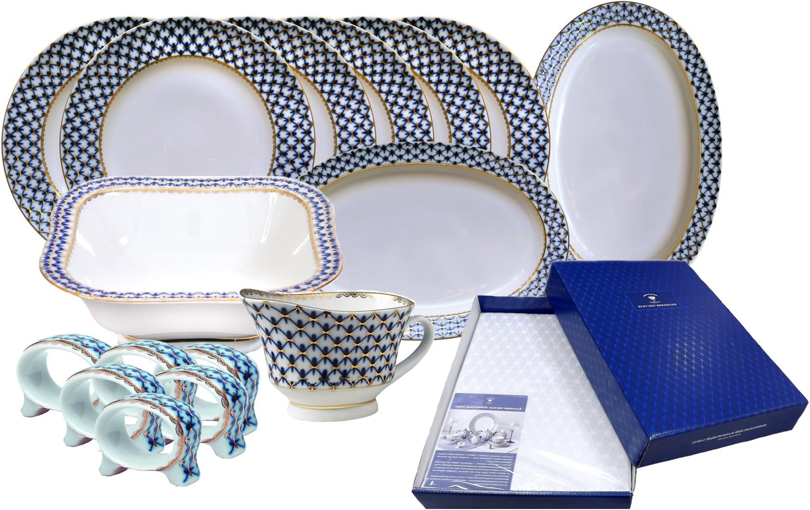 Lomonosov Imperial Porcelain Dinner Set eith Tablecloth Cobalt Net 23 Items