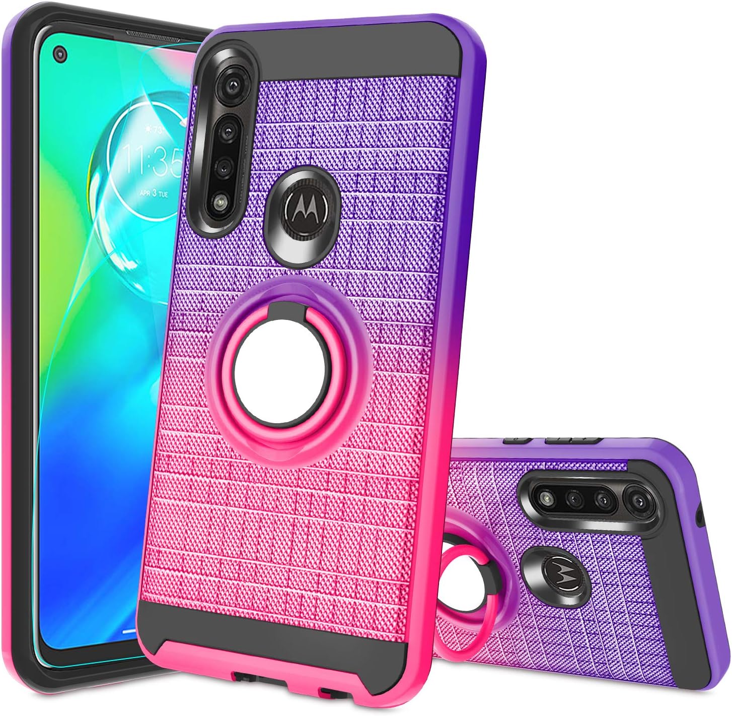 Moto G Power Case, Moto G Power 2020 Phone Case with HD Screen Protector,Atump 360 Degree Rotating Ring Holder & Kickstand Bracket Cover Phone Case for Motorola Moto G Power Purple Red