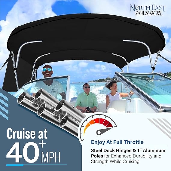 Universal 4 Bow Bimini Tops for Boats with Detachable Sidewalls, 900D Marine Canvas, Sun Shade Boat Canopy Kit, Bimini Top Hardware, Frame, Support Poles, Storage Boot, 54-60 W, Black