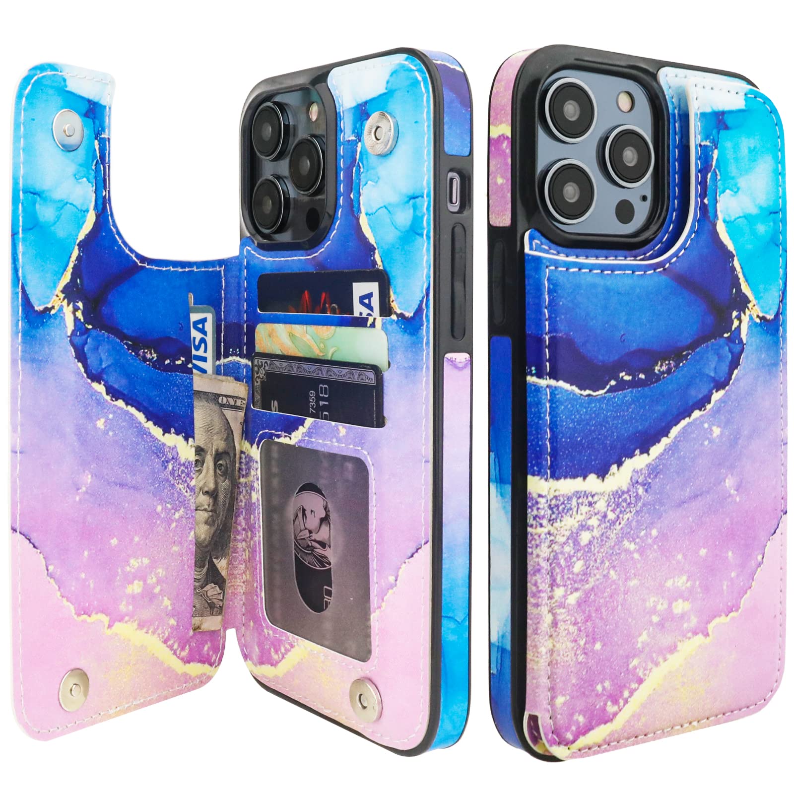 HAOPINSH for iPhone 14 Pro Max Wallet Case with Card Holder, Blue Purple Marble Pattern Back Flip Folio PU Leather Kickstand Card Slots Case for Women