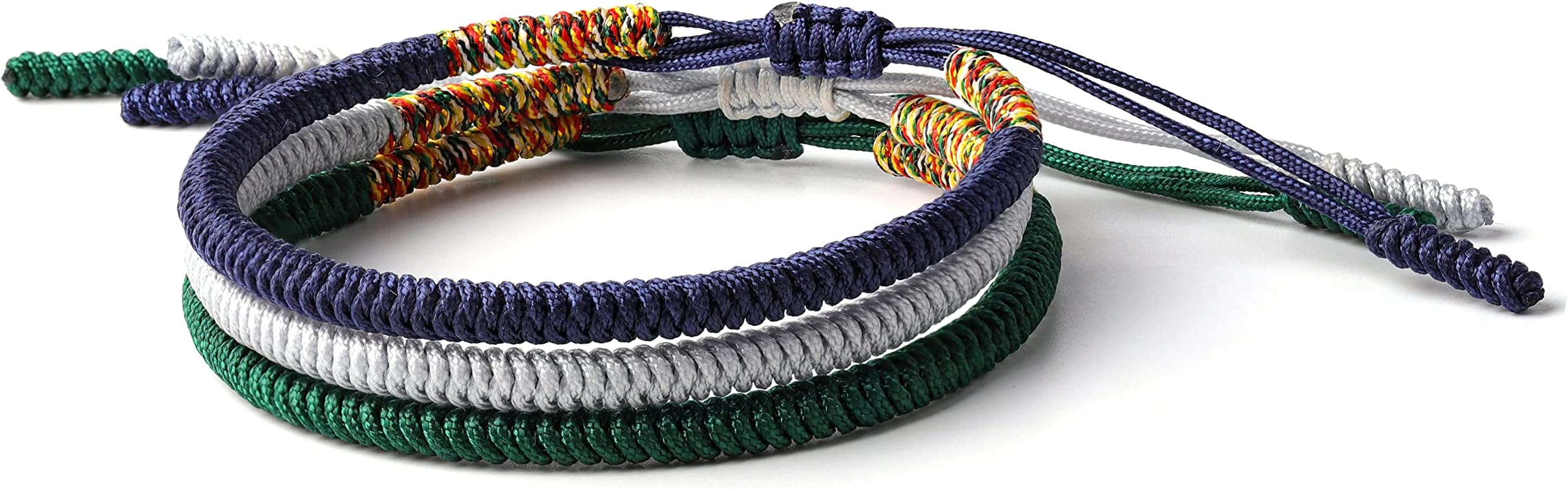 Tibetan Buddhist Handmade Lucky Knot Rope Bracelet (Set of 3 - Navy Blue, Silver, Dark Green)