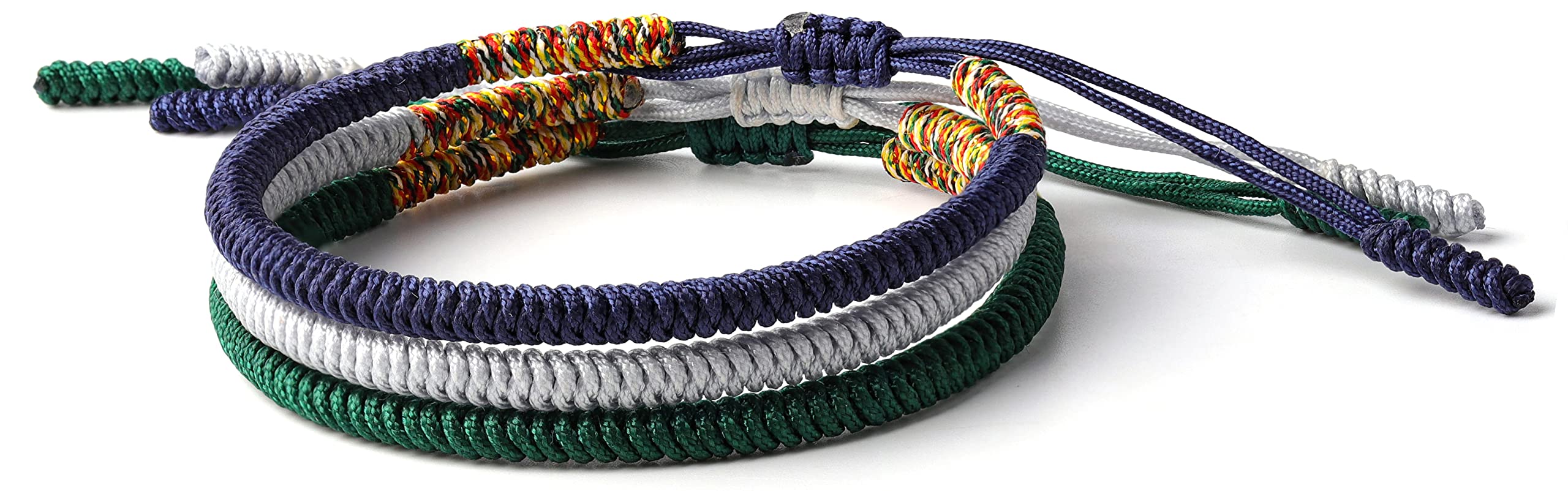 Tibetan Buddhist Handmade Lucky Knot Rope Bracelet (Set of 3 - Navy Blue, Silver, Dark Green)