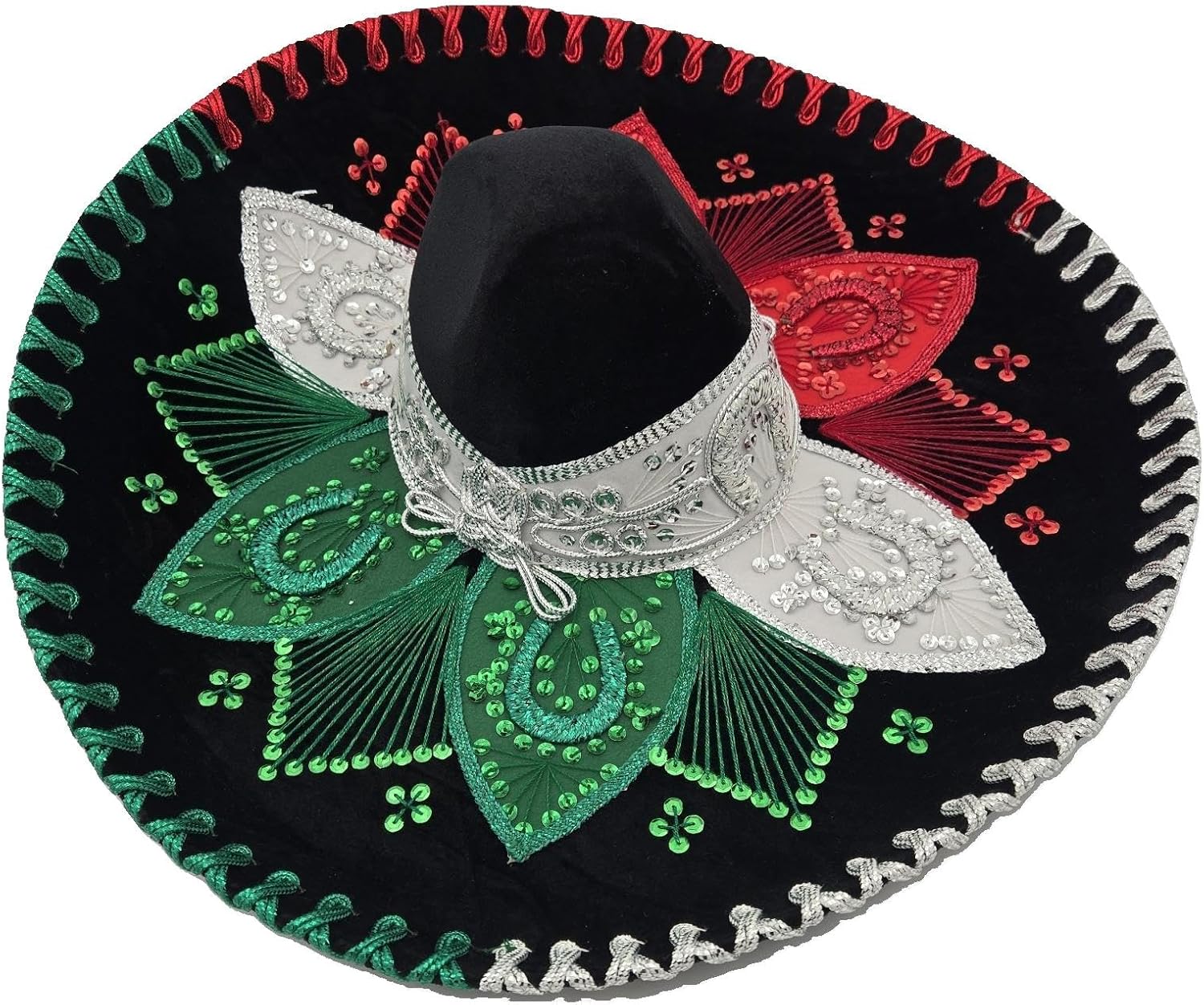 Mexican Mariachi Sombrero Hat, Traditional Charro Style, Black with Red White Green Embroidery