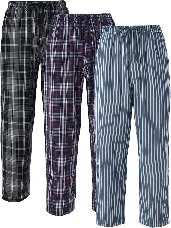 DAVID ARCHY Mens Plaid Pajama Bottoms, Shrink-Resistant Woven Lounge Sleepwear with Pockets, Covered Waistband, 3-Pack