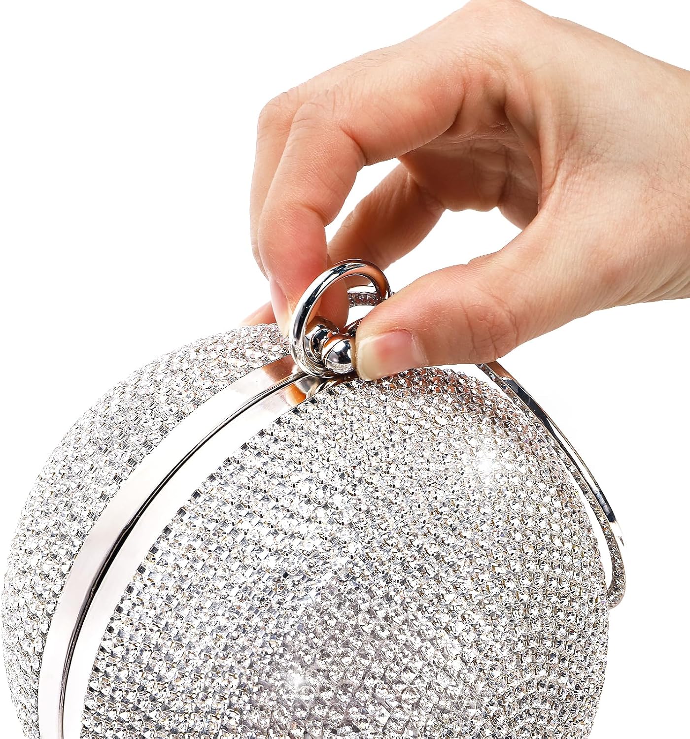 Suwimut Disco Ball Clutch Purse for Women, Silver Round Rhinestone Evening Bag, 4.9 Inch Crystal Sparkling Party Handbag with Long Chain for Lady Wedding Engagement Decoration Gift Supplies