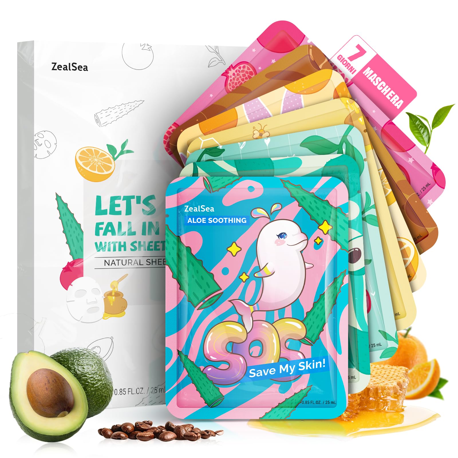 Maschera Viso Idratante, Maschere Viso in Tessuto, ZealSea Multi-effetto Set Maschere Viso per Bambina Ragazza Donne con Formula Naturali, Biodegradabile Sheet Mask per Spa Party, Lenitive Vegan 7pz