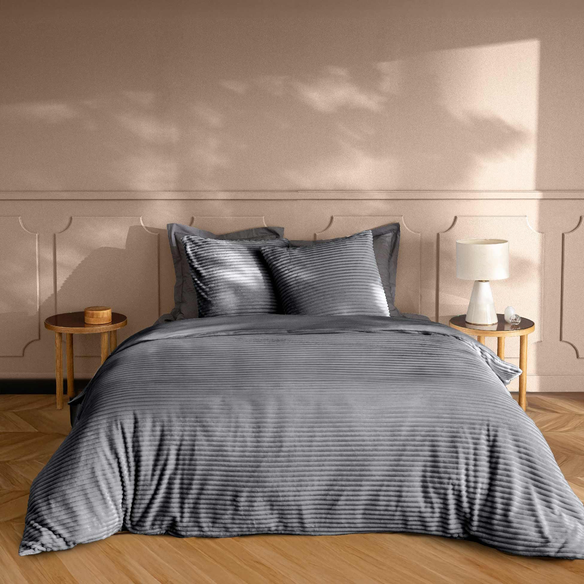 Housse de couette flanelle contre le froid parure lit chaude gris 220x240