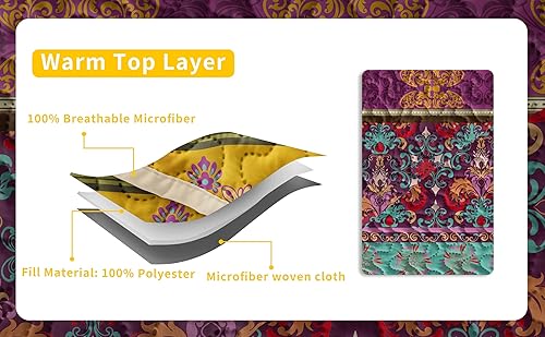 Miniatura 6 de Juego de edredón bohemio de 3 piezas tamaño matrimonialqueen de microfibra con 2 fundas de almohada, suave, ligero, colorido, bohemio, juego de