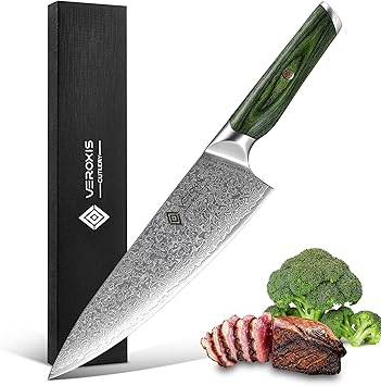 VEROXIS Damascus Chef Knife 8 Inch, Professional Japanese Kitchen Knives Sharp High Carbon Super Steel with Ergonomic Pakkawo