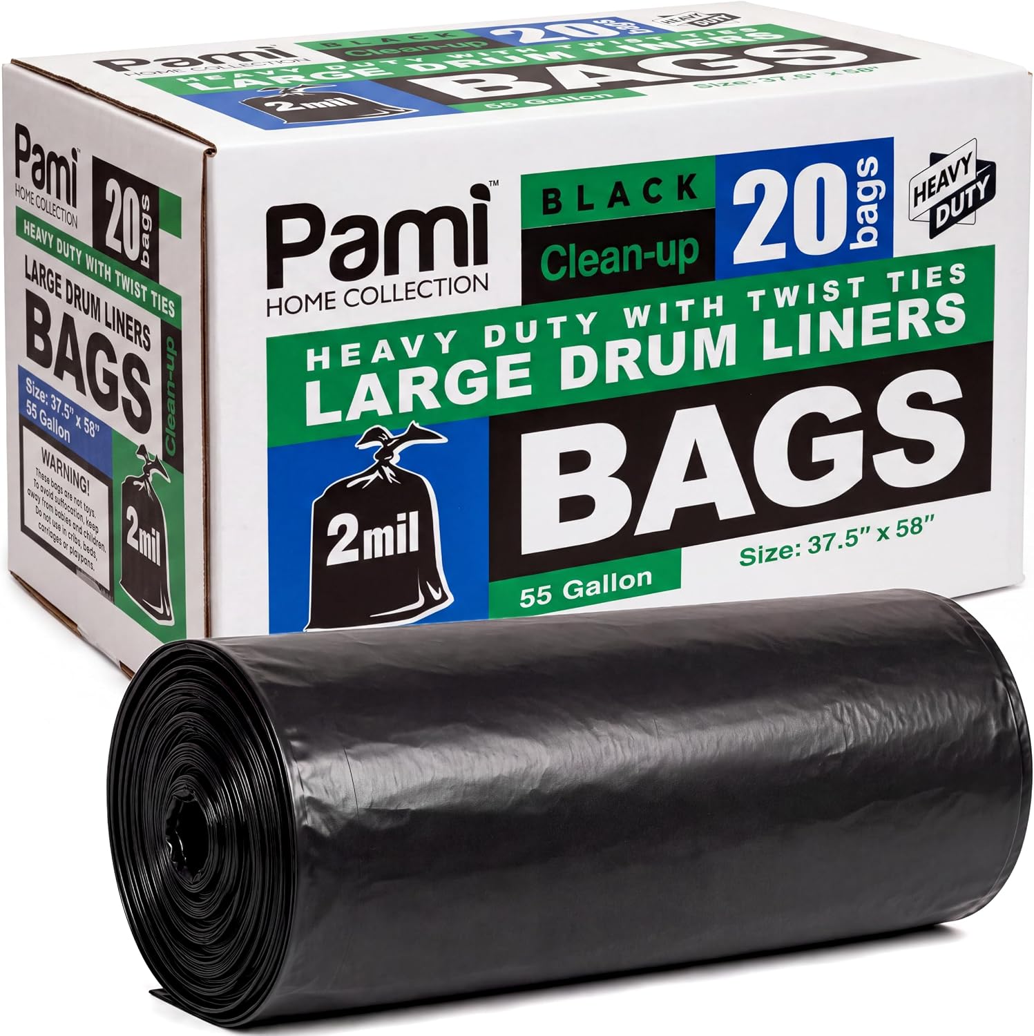 PAMI 55 Gallon Trash Bags, 2 Mil Heavy Duty Drum Liners, 20 Count, Black