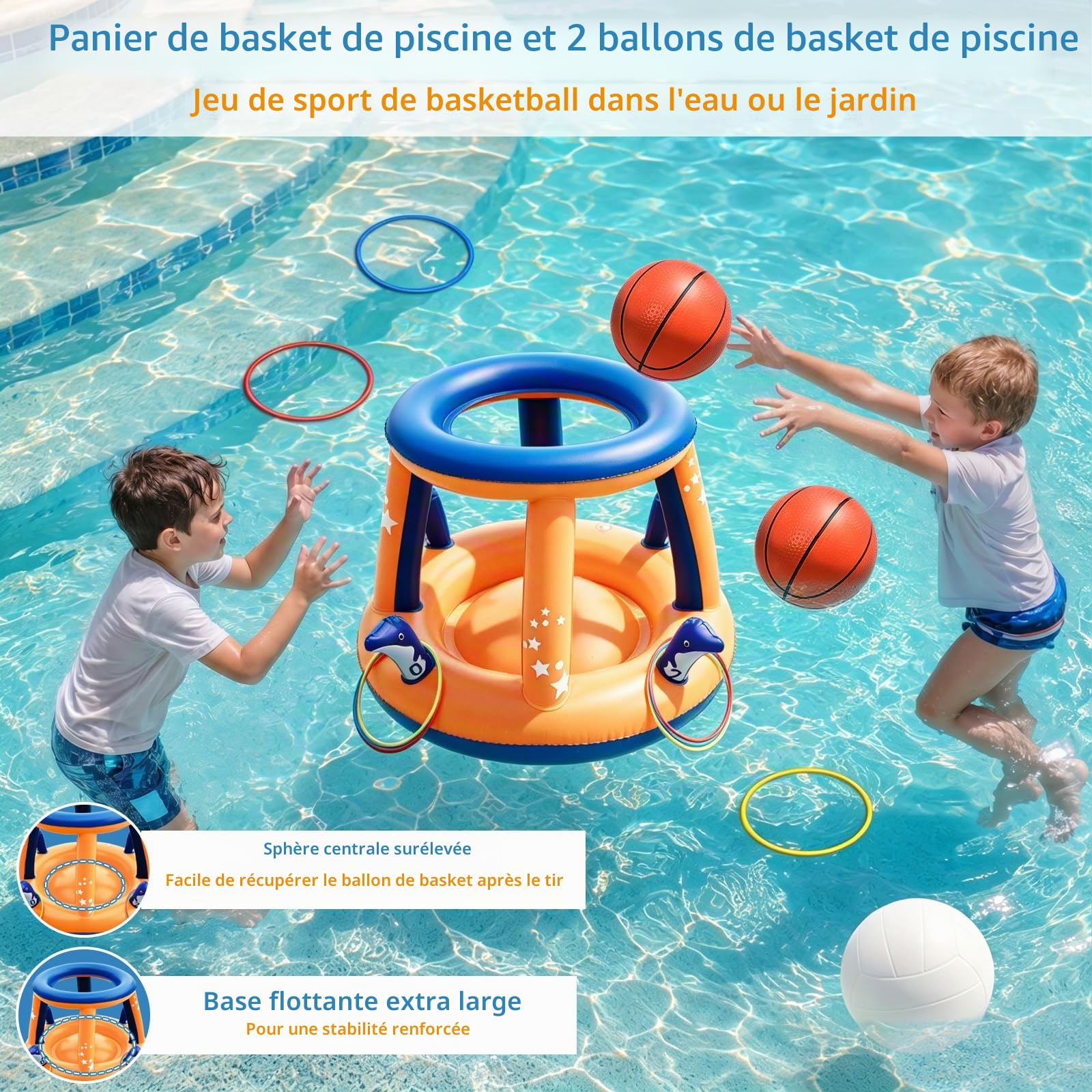 Jasonwell Ensemble de Jouets de Piscine – Set 3 en 1 Filet de Volleyball de Piscine Panier de Basketball Jeu de Lancer d'Anneaux Flotteurs Gonflables Eau Volleyball Flottant Jeux de Piscines de