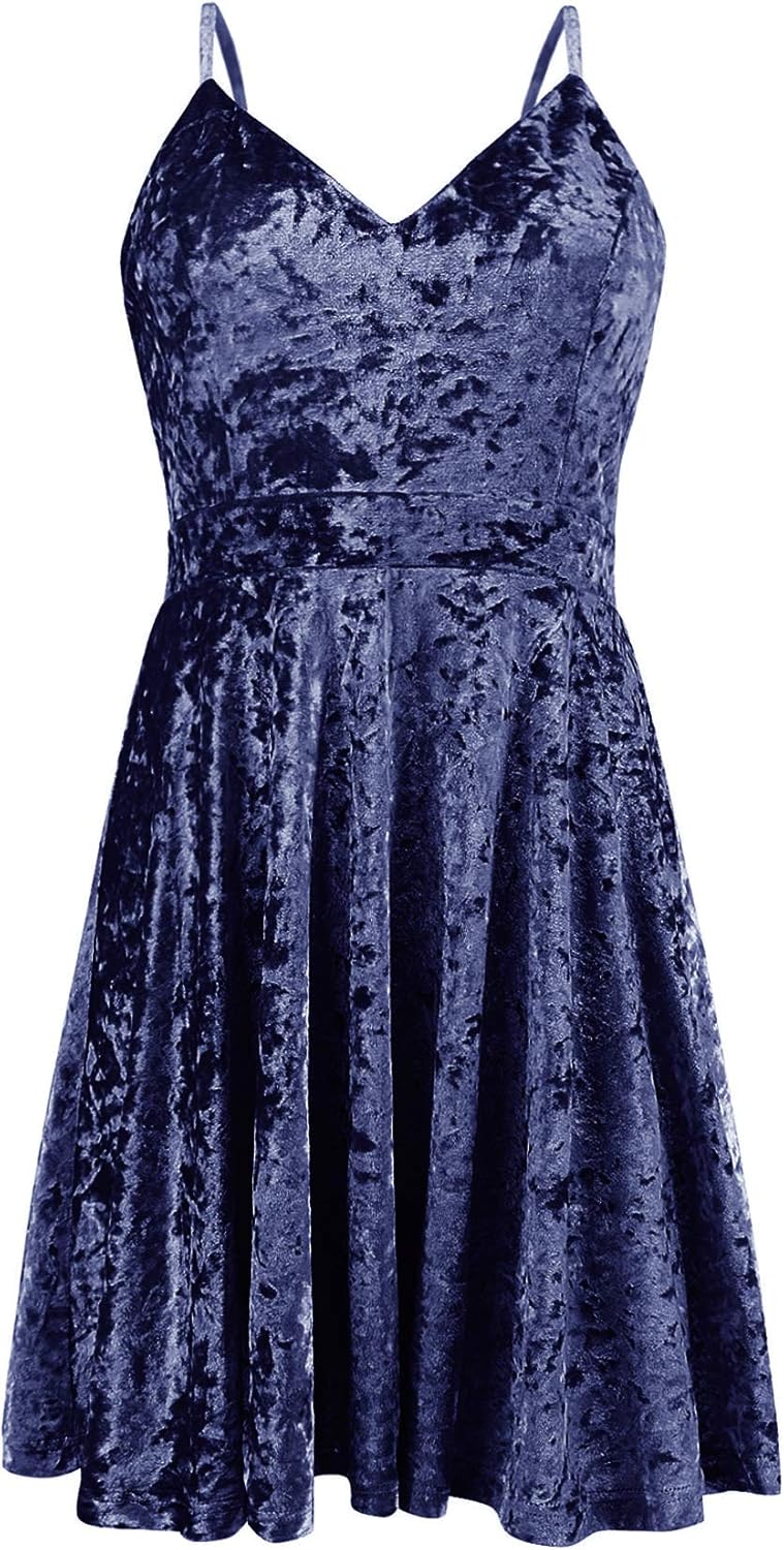R.Vivimos Women's Crushed Velvet Spaghetti Straps Sexy V Neck Club Party Pleated Swing Skater Dress - Image 5
