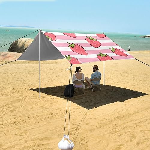 Miniatura 7 de Toldo plegable UPF50 con diseño de fresas a rayas rosadas y blancas, parasol resistente al agua con sacos de arena y pala para camping, picnic,