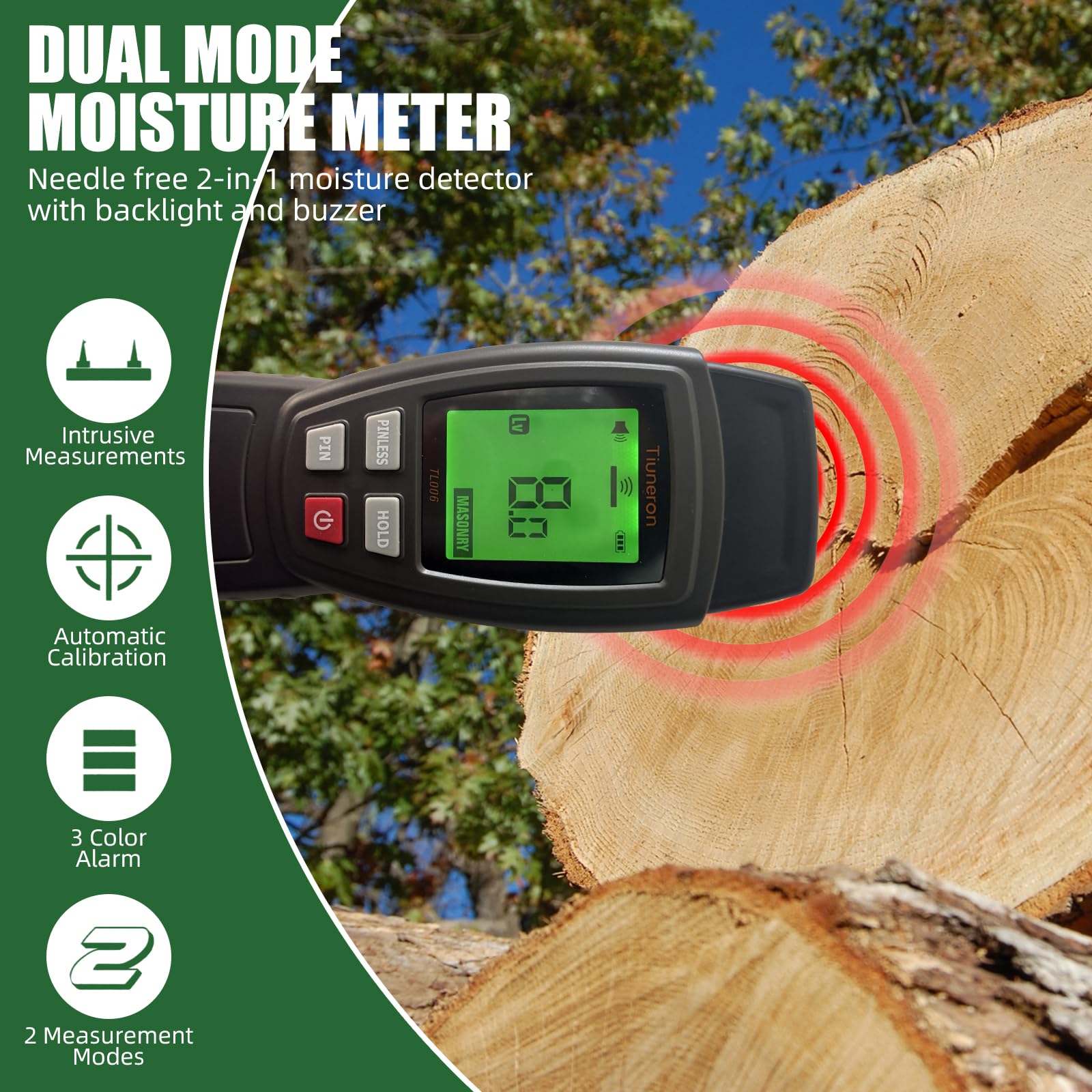 Dual Mode Moisture Meter for Wood and Building Materials, Pin & Pinless 2-in-1 Moisture Detector with Backlight & Buzzer, Digital Water Leak Tester for Hardwood, Softwood, Drywall & Masonry — Amazon image 2