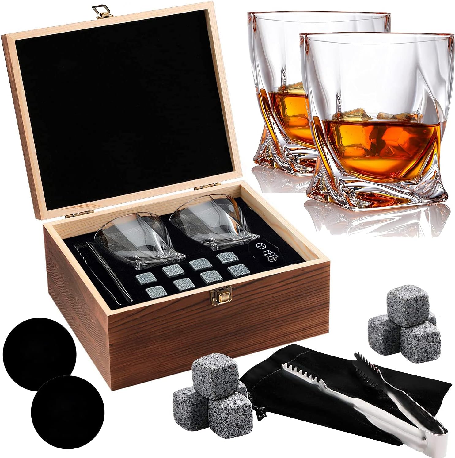 Whiskey Stones and Whiskey Glass Gift Boxed Set, 8 Granite Chilling Whisky Rocks, 2 Glasses in Wooden Box, Great Gift for Father's Day, Dad's Birthday or Anytime For Dad, Plus 2 Free Coasters