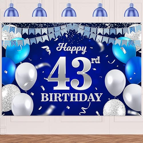 Vista 380 de Cartel de feliz cumpleaños número 31, globos azul marino, bandera de confeti a rayas, puntos de luz, saludos a 31 años, decoración temática