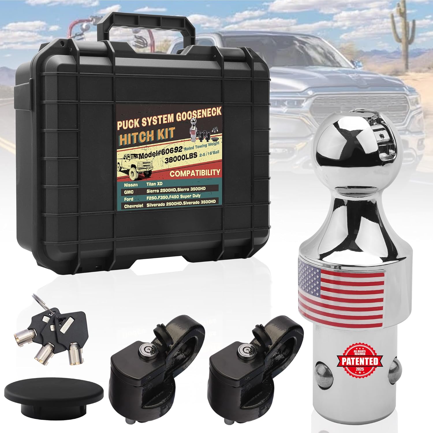 60692, Puck System Gooseneck Hitch Ball Kit – 38000LBS, Upgraded 3-Steel-Ball Base, 2-5/16" Ball, Safety Chain Anchors w/Anti-Theft Locks, Fit F250/F350/F450, Silverado/Sierra 2500/3500HD, Titan XD