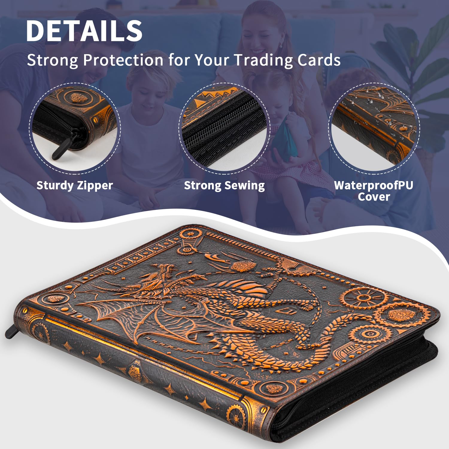 FEIDIAO Raccoglitore per carte collezionabili, album con 360 tasche laterali con cerniera, in pelle PU 3D goffrata con drago volante, 9 tasche da collezione, album per giochi per MTG, TCG, Pokmon