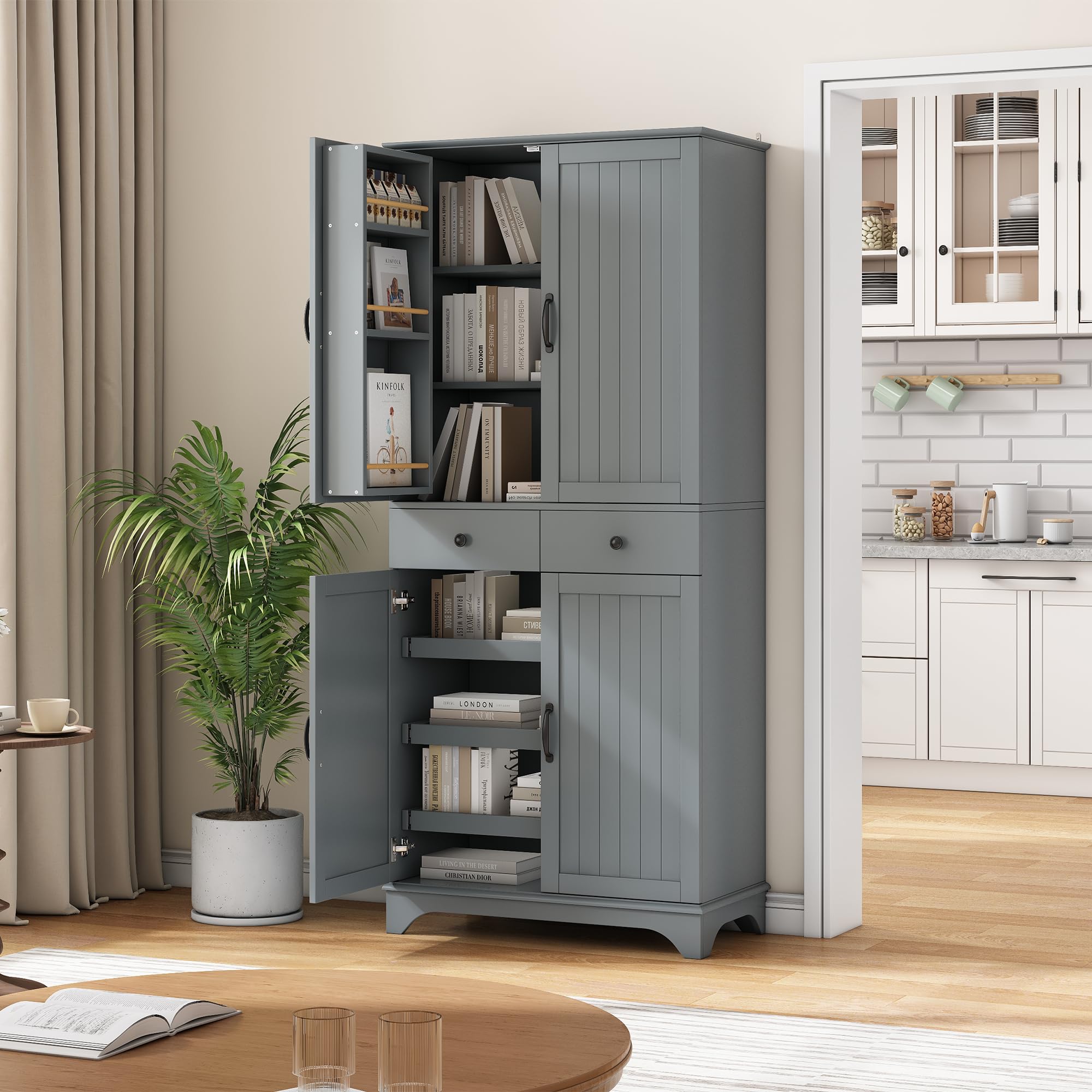 Armario alto con estantes ajustables y cajones, estantería con estantes extensibles y puertas de frigorífico, ideal para comedor, salón y cocina (gris)