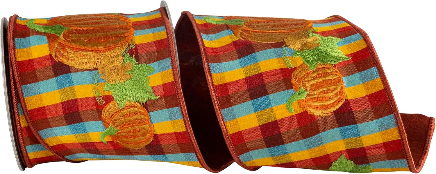 Reliant Ribbon Pumpkin Embroidery Tonal Plaid Deluxe Dupioni Backed Wired Edge, Multi, 4 Inch, 5 Yards
