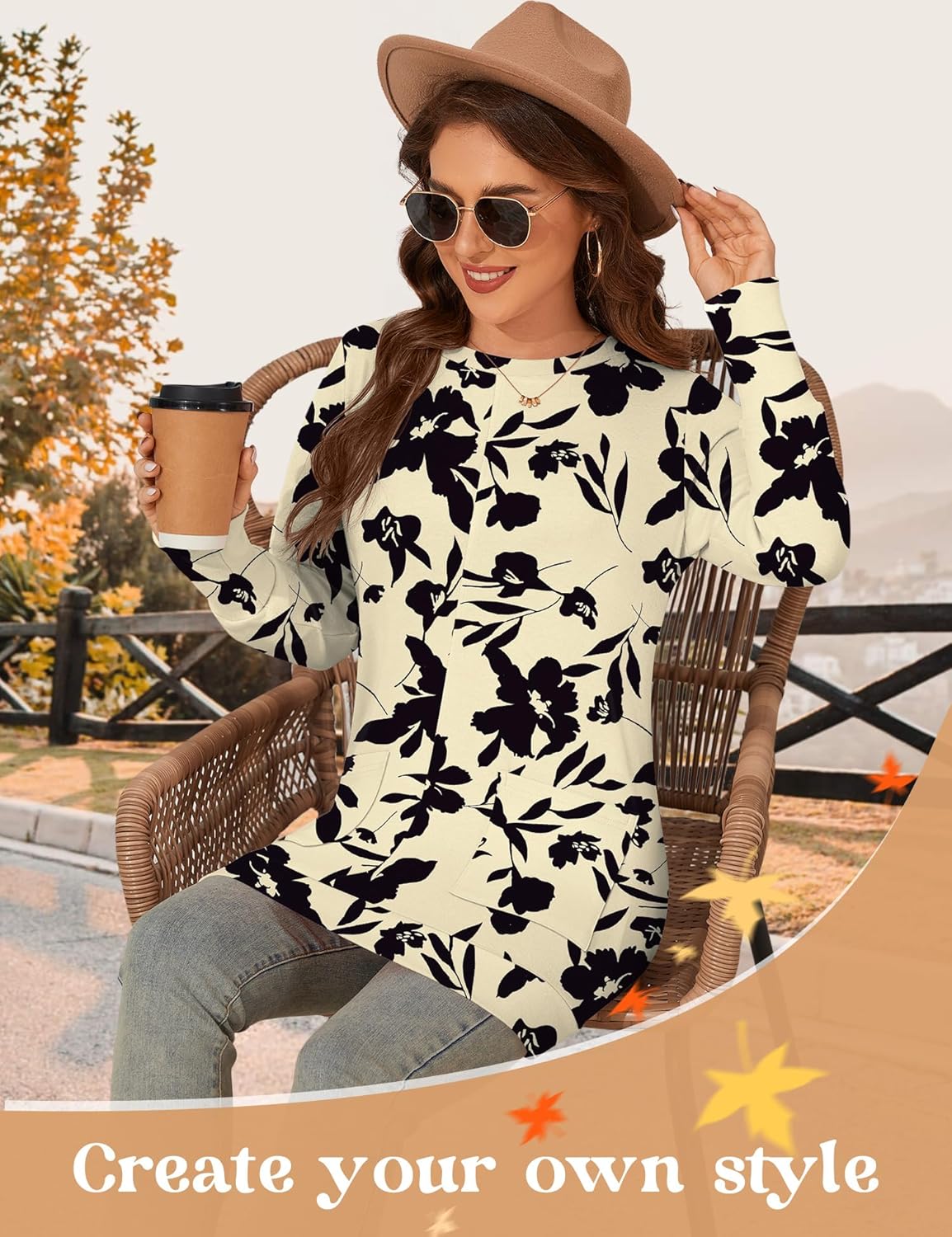 LOMON Long Sleeve Womens Tunic Tops to Wear with Leggings Loose Fit Crew Neck T Shirts with Pockets - Image 2