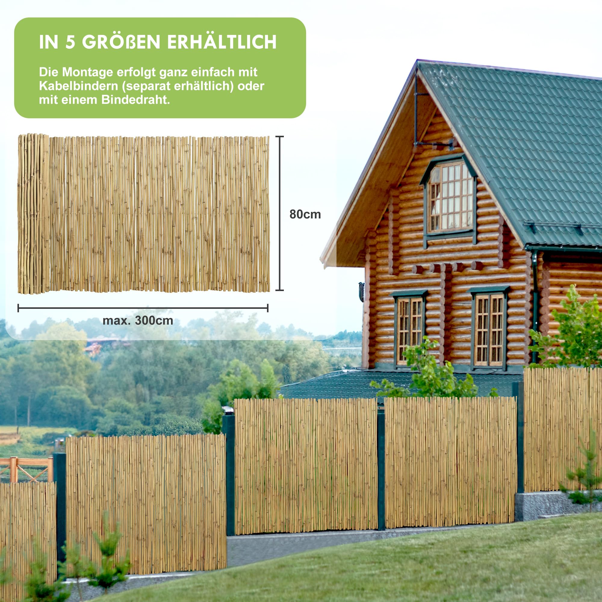 jarolift Valla de Bambú Premium Estera Resistente Estable Protección para Jardín Balcón Terraza, 80 x 300 cm, Natural